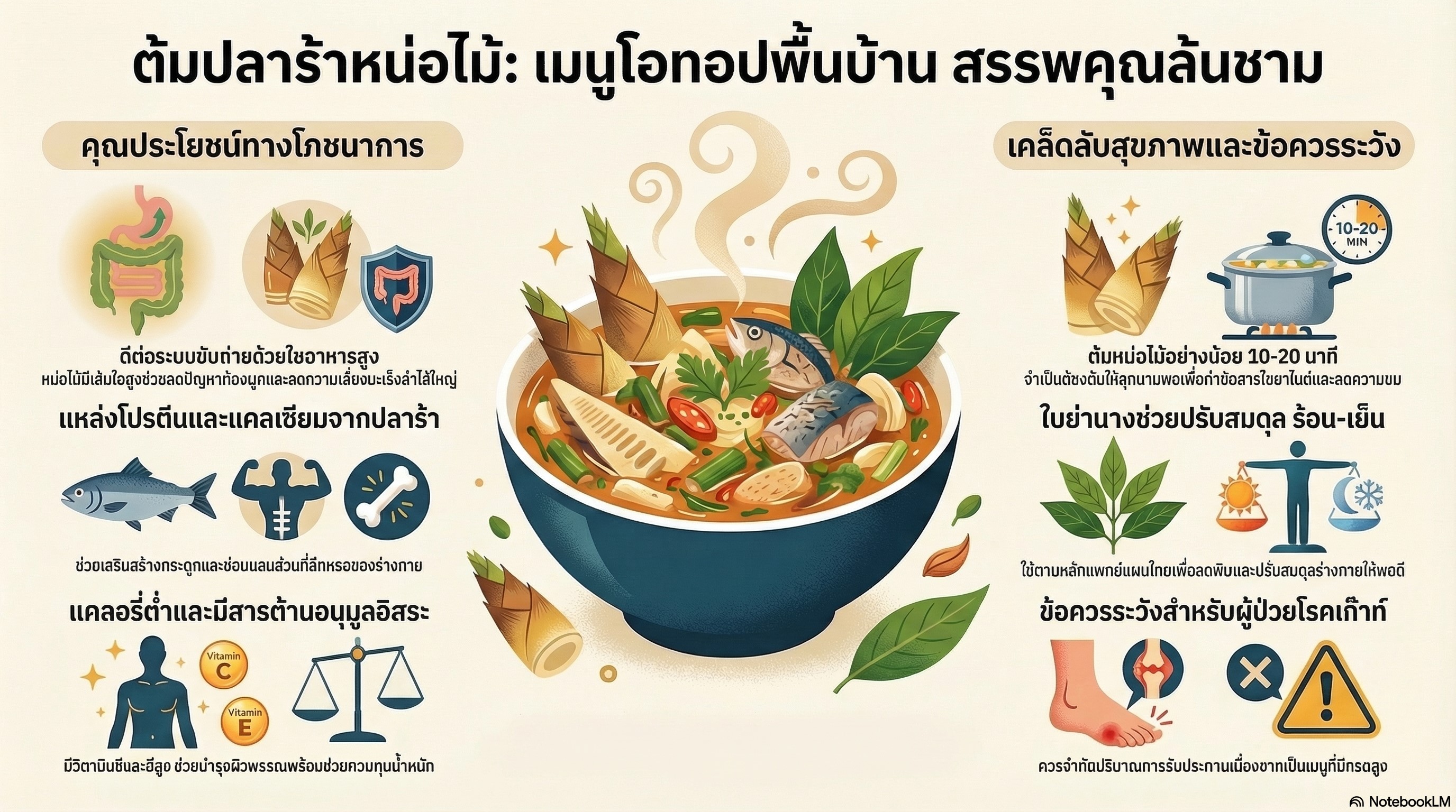 สำนักงานพัฒนาชุมชนอำเภอแสวงหา ขอเชิญชวนทุกท่านชิมเมนูสำหรับนวัตวิถี “ต้มปลาร้าหน่อไม้” #ชุมชนท่องเที่ยว OTOP นวัตวิถี “บ้านหมู่ที่ 4 ตำบลสีบัวทอง อำเภอแสวงหา จังหวัดอ่างทอง  ต้มปลาร้าหน่อไม้ เป็นเมนูพื้นบ้านที่อุดมด้วยประโยชน์ทางโภชนาการสูง ช่วยเพิ่มใยอาหาร บำรุงระบบขับถ่าย เสริมแคลเซียมบำรุงกระดูก และให้โปรตีนจากการหมักปลาร้า อีกทั้งยังใช้ใบย่านางช่วยปรับสมดุลความร้อน-เย็นในร่างกาย ลดพิษไซยาไนด์ในหน่อไม้ ทำให้เป็นอาหารสุขภาพที่รสชาติอร่อยและปลอดภัย