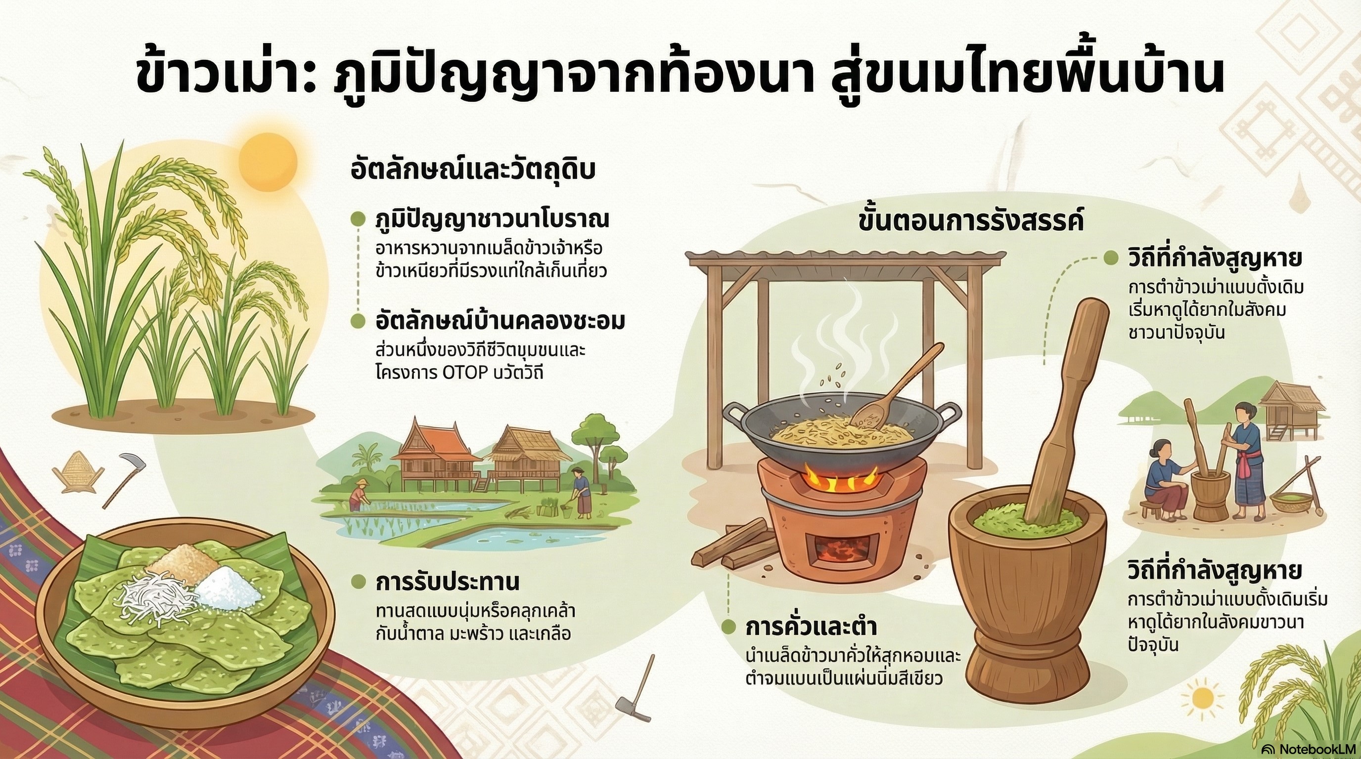 สำนักงานพัฒนาชุมชนอำเภอแสวงหา ขอเชิญชวนทุกท่านชิมเมนูสำหรับนวัตวิถี “ตำข้าวเม่า” #ชุมชนท่องเที่ยว OTOP นวัตวิถี “บ้านหมู่ที่ 4 ตำบลสีบัวทอง อำเภอแสวงหา จังหวัดอ่างทอง  ข้าวเม่าเป็นอาหารหวานอย่างหนึ่งของชาวไทยที่ประกอบอาชีพทำนา ชาวนารู้จักทำข้าวเม่ากันมาตั้งแต่ครั้งโบราณกาล โดยใช้เมล็ดข้าวเจ้าหรือข้าวเหนียวที่มีรวงแก่ใกล้จะเก็บเกี่ยวได้ นำมาคั่ว ตำ แล้วนำไปรับประทานได้เลย ถ้าทำสุกใหม่ๆ ก็จะนิ่ม หรือบางคนก็จะนำไปคลุกเคล้าด้วยน้ำตาลทราย มะพร้าวและเกลือ รับประทานแทนขนมหวาน แต่ในปัจจุบัน การตำข้าวเม่